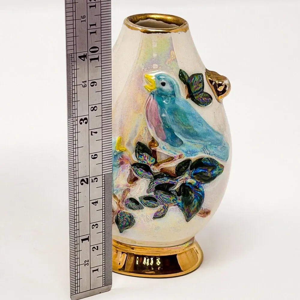 Signed 1972 Studio Pottery 4.5” Lusterware Vase Birds Relief Gold Trim